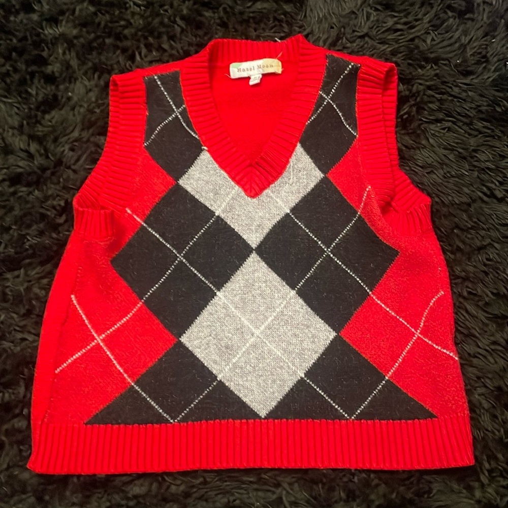 Red and Black Argyle Knitted Vest